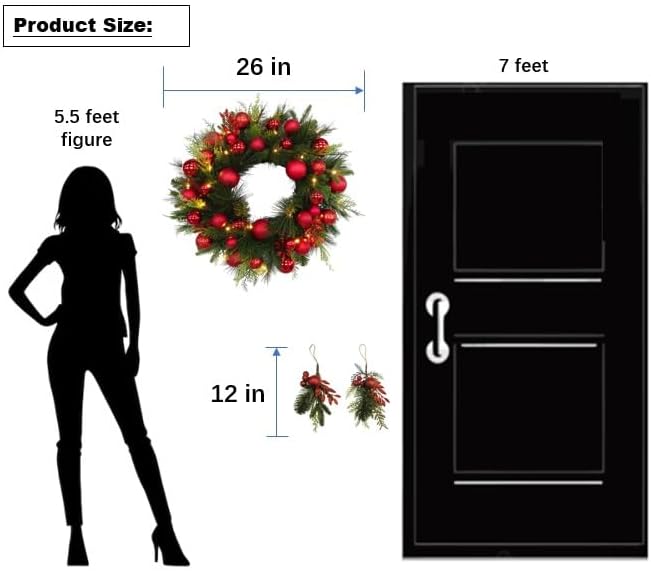BIG 26" D Pre-lit Christmas Ornament Artificial Pine Wreath w 33 Red Balls Real Grapevine Base (35 LED Lights, 8 Flash Options) for Xmas Decor at Shop Home Front Door Living Room Wall Window (Battery)