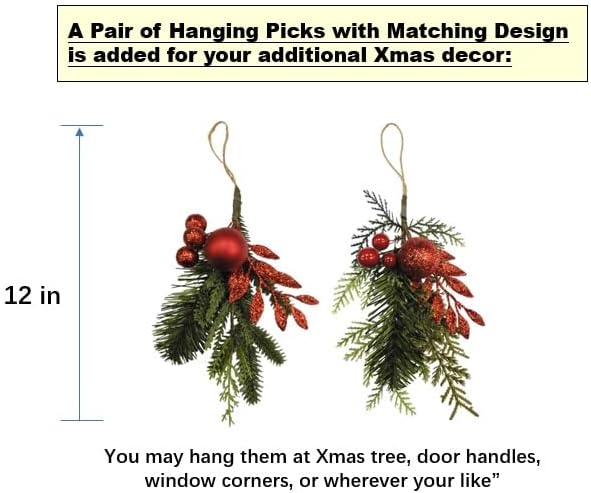 BIG 26" D Pre-lit Christmas Ornament Artificial Pine Wreath w 33 Red Balls Real Grapevine Base (35 LED Lights, 8 Flash Options) for Xmas Decor at Shop Home Front Door Living Room Wall Window (Battery)