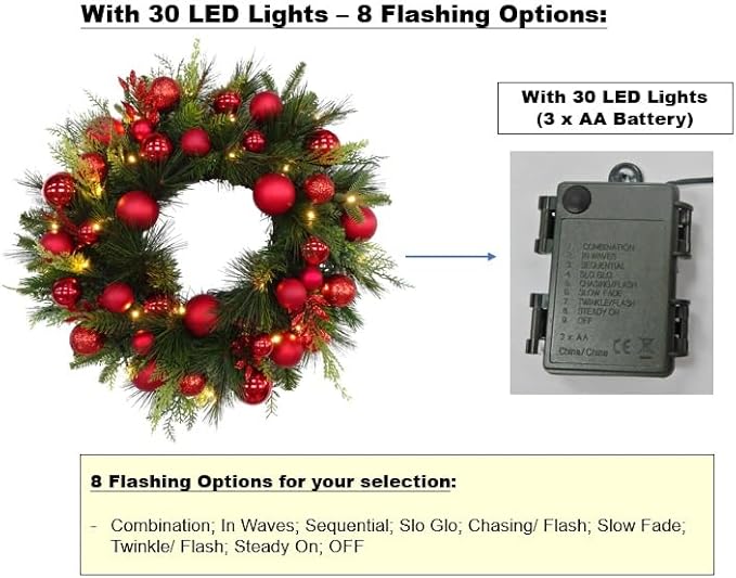 BIG 26" D Pre-lit Christmas Ornament Artificial Pine Wreath w 33 Red Balls Real Grapevine Base (35 LED Lights, 8 Flash Options) for Xmas Decor at Shop Home Front Door Living Room Wall Window (Battery)