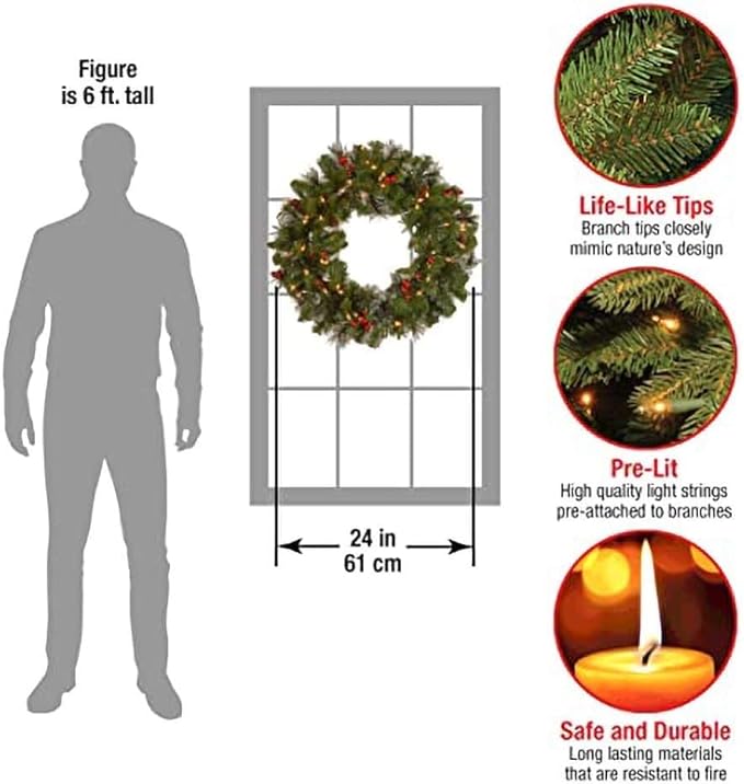 National Tree Company Pre-Lit Artificial Christmas Wreath, Green, Crestwood Spruce, White Lights, Decorated with Pine Cones, Berry Clusters, Christmas Collection, 24 Inches