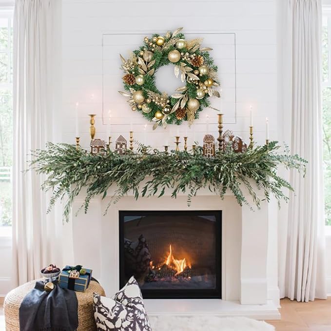 24 inch Christmas Door Wreath, Pine Wreaths for Front Door with Golden Ball Glittered Leaf Spray Stems Pinecones Berries for Fireplace Xmas Decorations, Wall Window Indoor Outdoor Decor