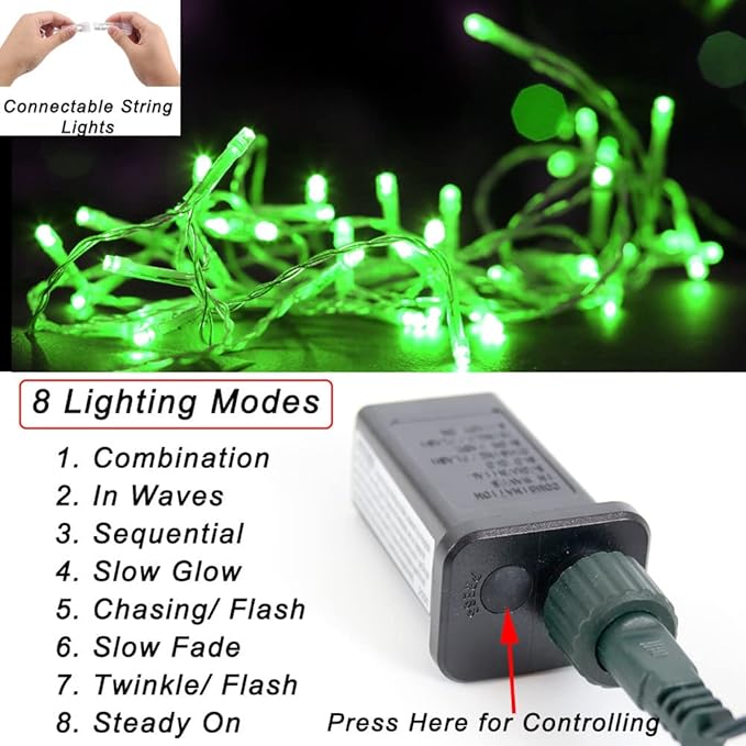 Green String Lights Outdoor Decoration, 66 ft 200 LED Green Christmas Lights, Indoor Outdoor Connectable 8 Modes Clear Wire Twinkle Fairy Light for Xmas Tree Party Christmas Decor
