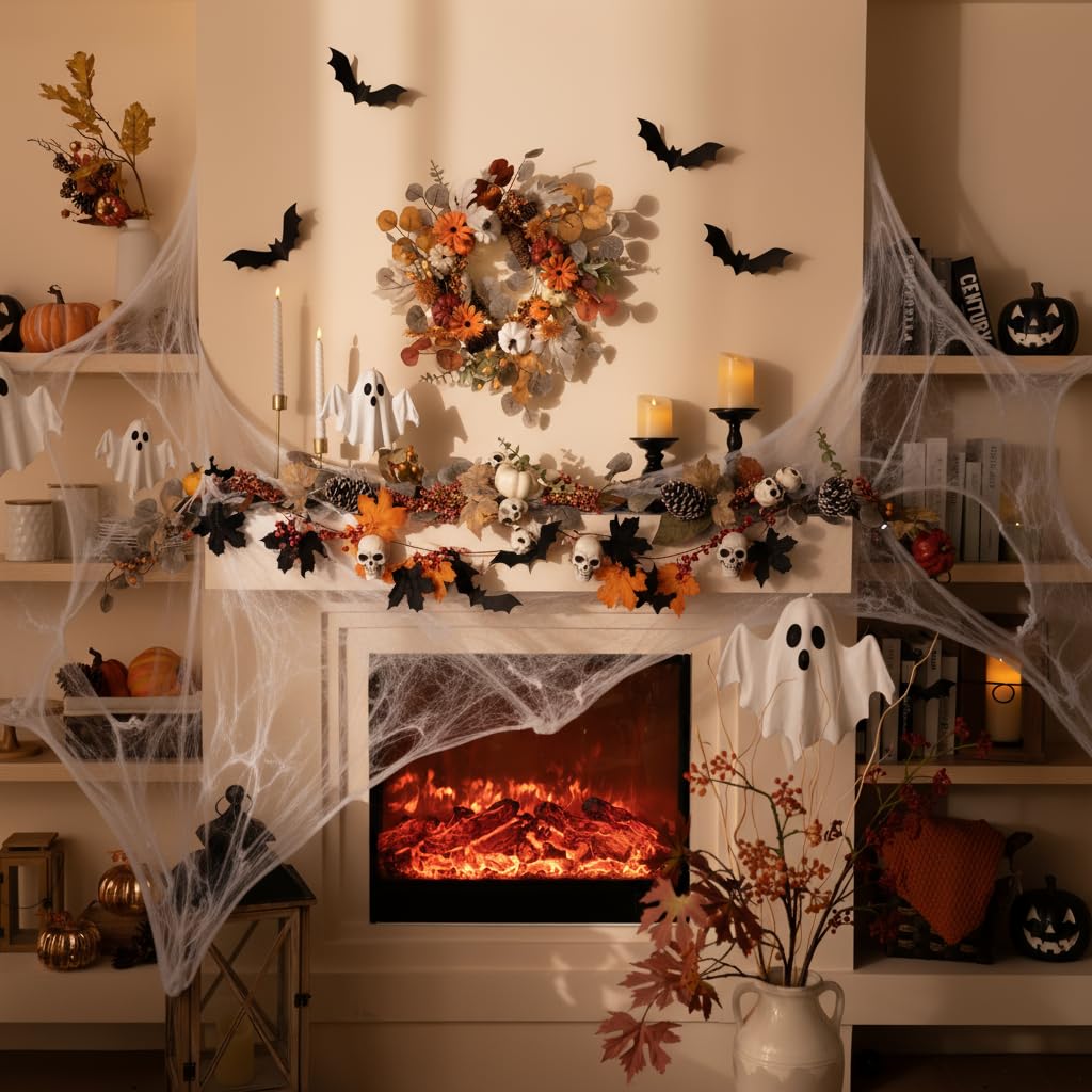 Valery Madelyn Fall Wreath with Lights for Front Door, 18" Autumn Door Wreath with White Pumpkins Silk Maple Leaves, Outdoor Fall Halloween Decorations for Home Porch Thanksgiving Harvest Table Decor
