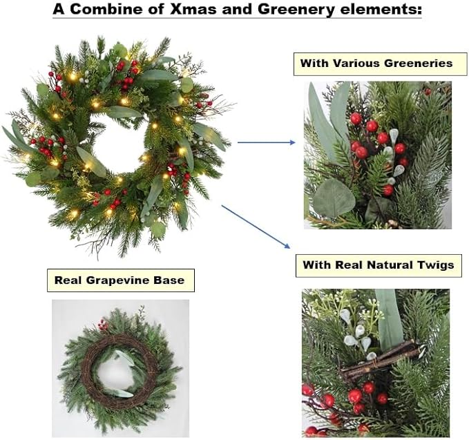 Big 26" D Pre-Lit Christmas Greenery Pine Wreath w Real Grapevine Base (35 Led Lights, 8 Flash Options) for Xmas Decoration: Shop Home Decor Front Door Living Room Wall Window (Battery)