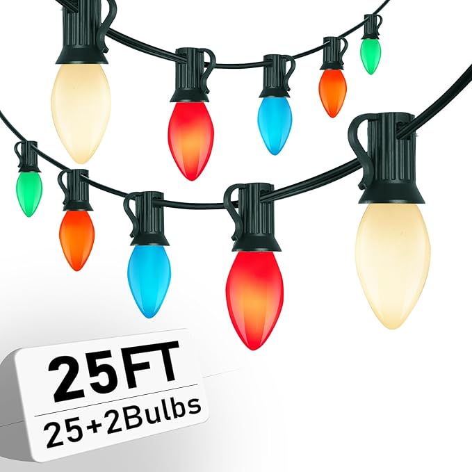 C7 Vintage Christmas Lights, 25Ft Ceramic Multicolor Christmas String Lights with 27 5W Glass Bulbs, Waterproof Connectable Christmas Decorations for House Roofline Backyard Wedding Holiday Party