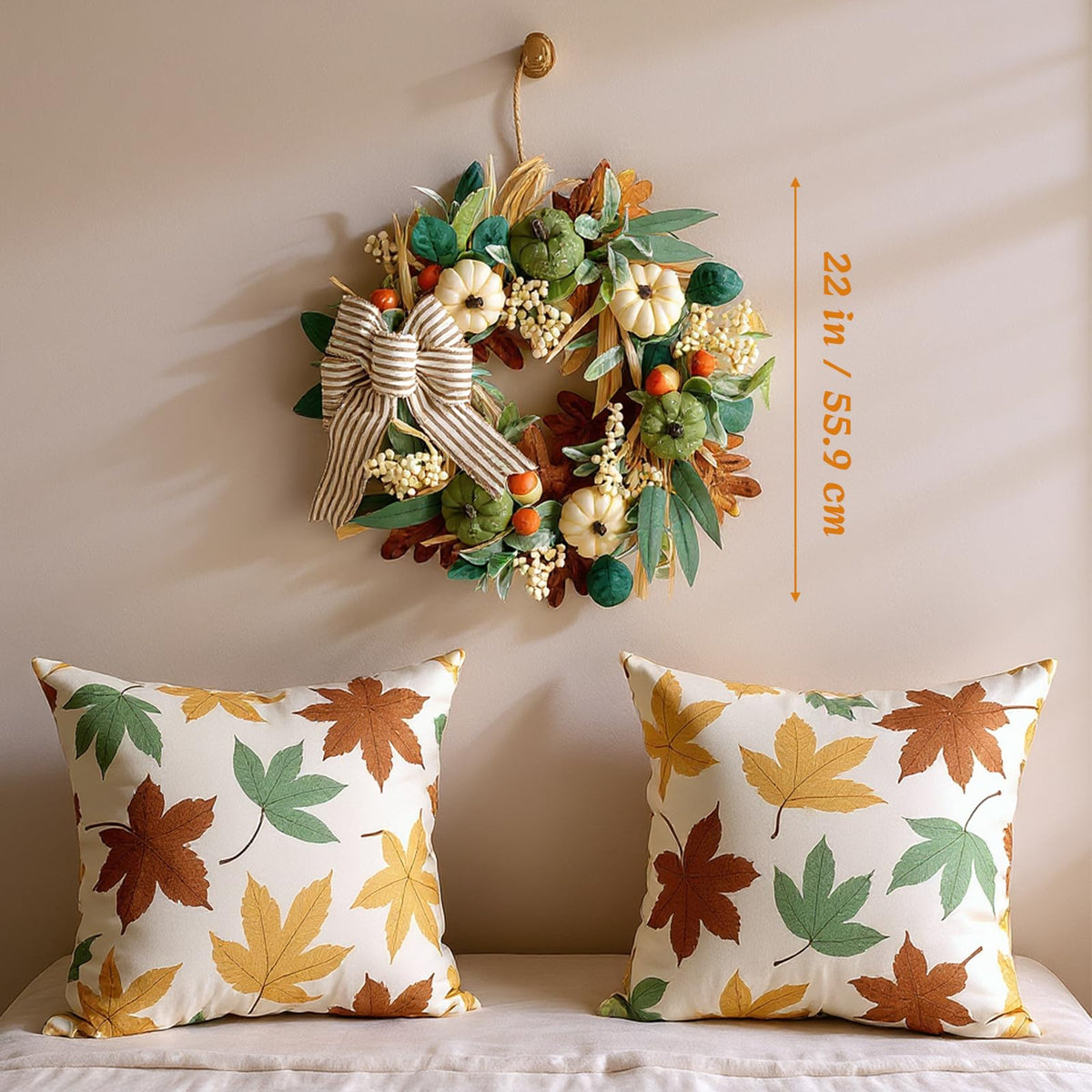 22in Fall Wreaths for Front Door, Large Autumn Door Wreath with Bow Pumpkin Autumn Wreath Decorations, Artificial Leaves Wreaths for Indoor Outdoor Home Porch Thanksgiving Farmhouse