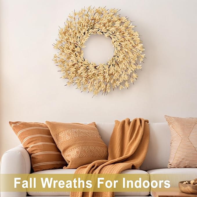 26 Inch Realistic Fall Wreaths for Front Door Outside Autumn Wreath Outdoor Indoors Fall Decorations for Home Thanksgiving Halloween Holiday Decorations Clearance for Wall Porch Door (Wheat)