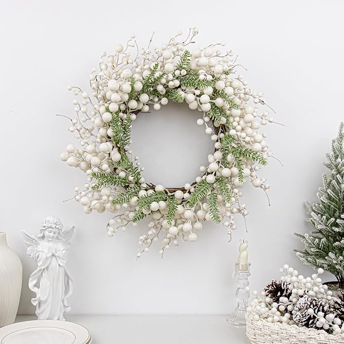 20 Inches White Christmas Wreath Farmhouse Christmas Wreaths for Front Door Rustic Winter Wreath with White Berry Fir Pine Needle for Doors Window Indoors Porches Outside