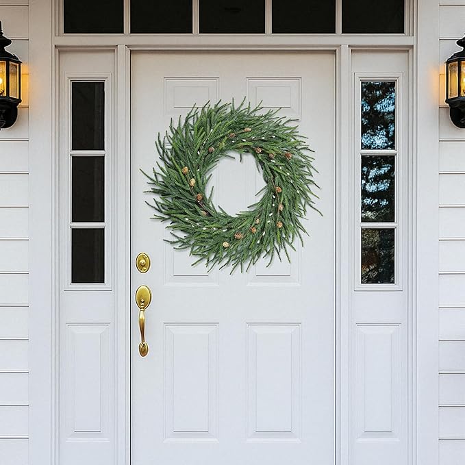 24 Inch Pine Wreath Christmas Wreaths for Front Door, Real Touch Pine Wreath with White Berries Artificial Green Wreaths for Walls Windows Porches Farmhouse Indoor Outdoor Home Decor