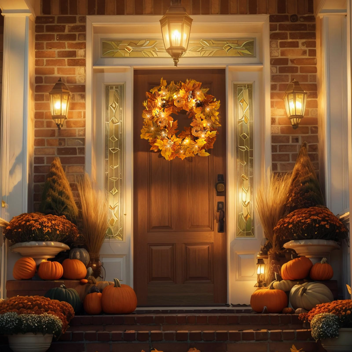 Zmtyykh Fall Wreaths for Front Door Outside Autumn Wreath with Lights Berries Pine Cones Fall Decorations for Home Decor Pumpkin Wreath for Farmhouse Holiday Thanksgiving Harvest Halloween Outdoor
