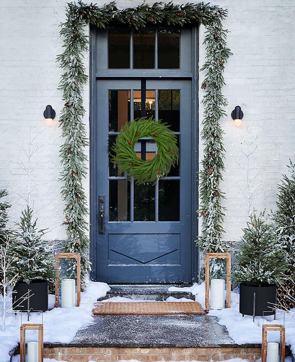 Hollyone 16" Real Touch Norfolk Pine Wreath for Front Door Small Artificial Winter Pine Plant with Red Berry Pinecone Greenery Christmas Wreath Window Walls Xmas Decor Indoor Outdoor Home Decoration