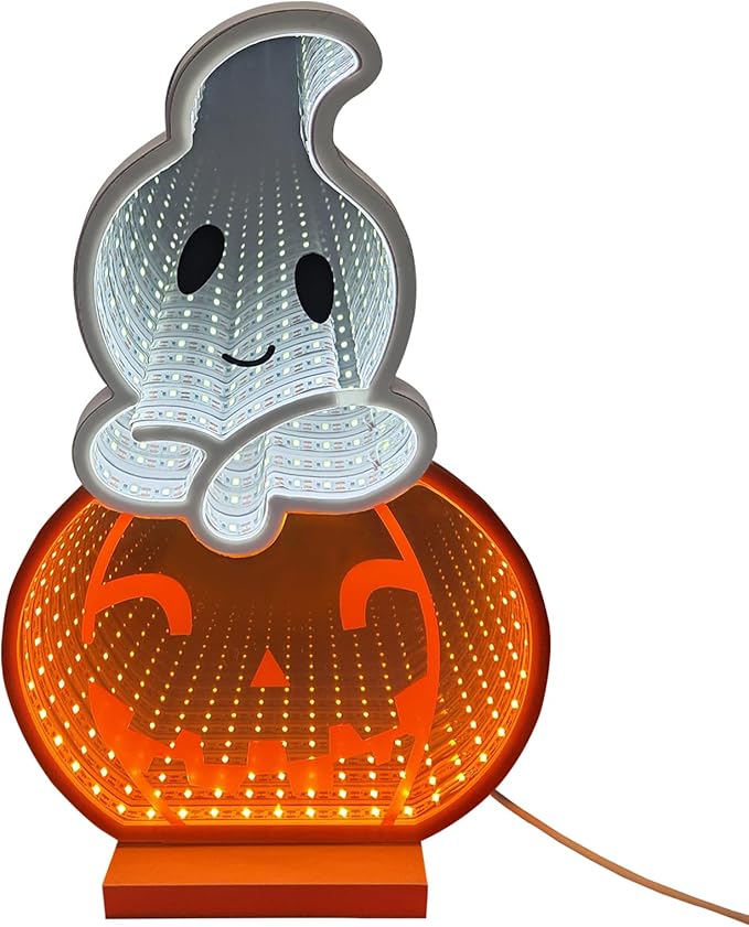 LED Halloween Pumpkin Light, Cute Neon Pumpkin and Ghost Sign Decor,11.57 Inch Halloween 3D Infinity Lights with USB Powered for Table, Room, Party Decoration