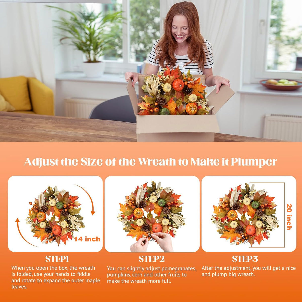 Fall Wreaths for Front Door, 20inchs Autumn Wreath with Hangers Pumpkin Maple Autumn Harvest Wreath Fall Decorations for Home Ideal Thanksgiving Decorations Wall Window Party Decor Indoor Outdoor