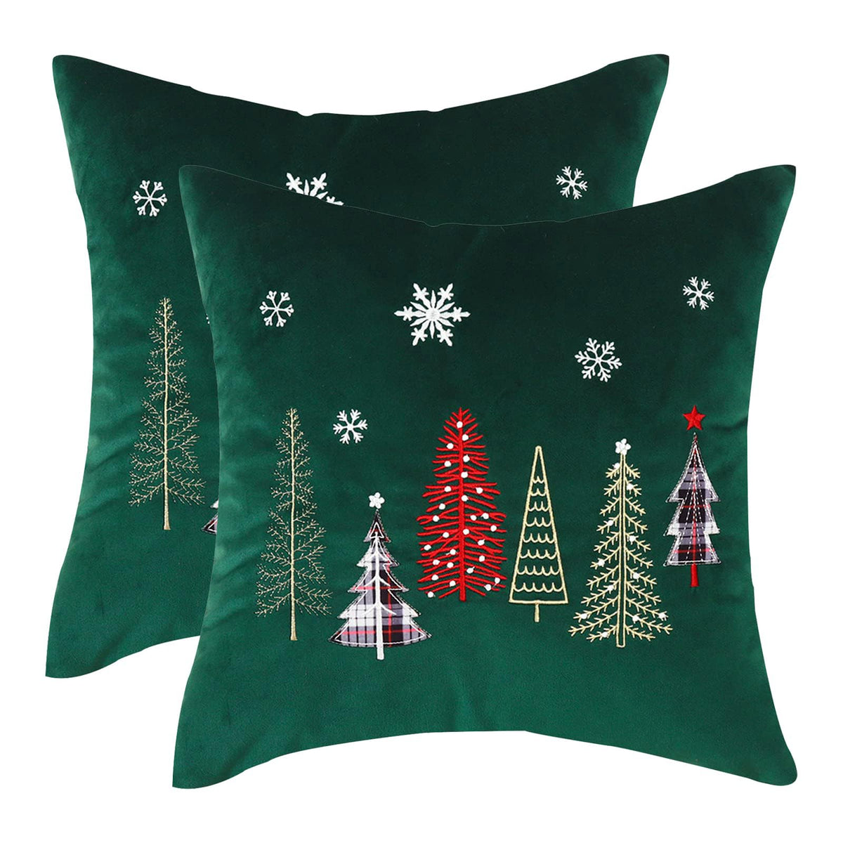 Tosleo Christmas Embroidery Throw Pillow Covers 24 x 24 inch Set of 2 Xmas Dec Velvet Pillowcases Forest Green Christmas Trees Cushion Pillow Cases Soft Square Holiday Pillowcase