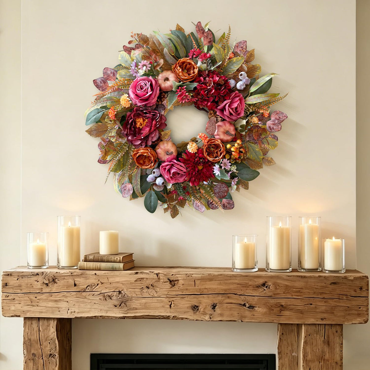 WANNA-CUL 24 Inch Fall Floral Wreath for Front Door with Roses Dahlias Hydrangeas&Pumpkins, Artificial Autumn Harvest Wreath Thanksgiving Farmhouse Decor for Table Wall Mantel Window Indoor Outdoor
