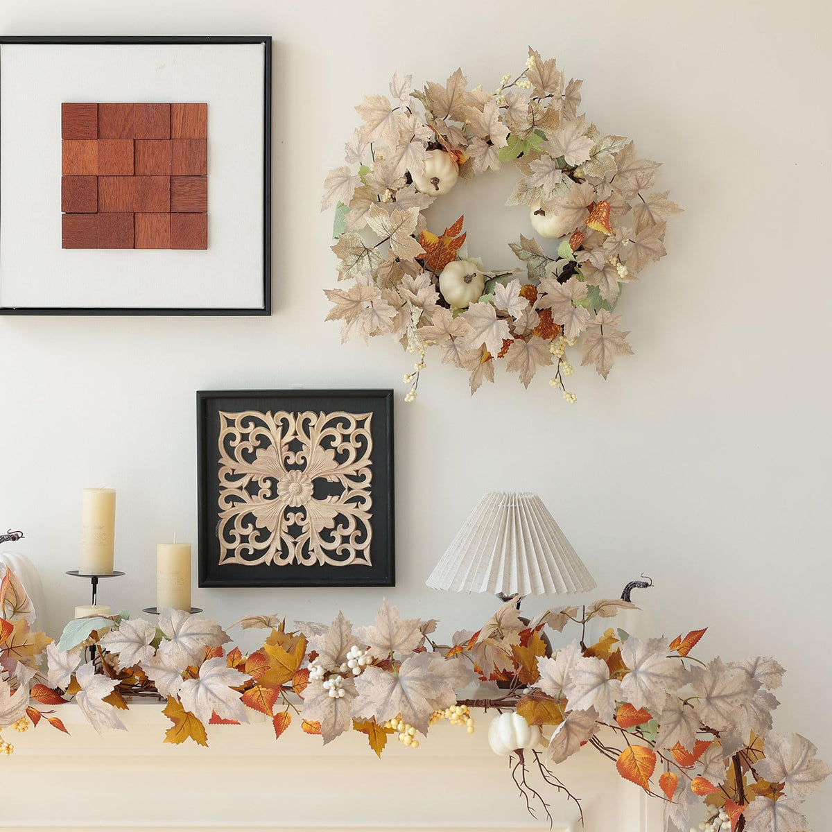 MIZII Fall Wreaths for Front Door 19 inch White Fall Wreath with Artificial Maple Leaves Pumpkin Autumn Leaf Thanksgiving Halloween Harvest Door Decorations for Wall Porch Home Decor (White)