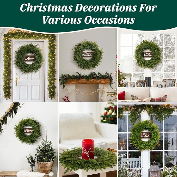 26 Inch Christmas Wreaths for Front Door, Real Touch Norfolk Pine Wreath with Welcome Sign, Large Festive Green Wreath for Farmhouse, Porch, Windows, Wall, Table, Indoor, Outdoor, Home Decor