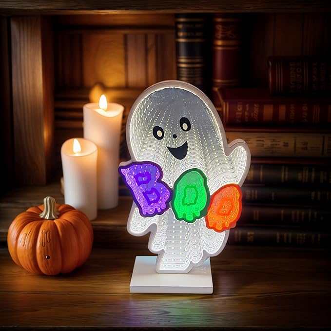 Halloween Neon Infinity Ghost Light,10.24Inch 3D Ghost Table Decor,USB Powered Light Décor for Halloween Party,Office,Bedroom Bathroom Decoration