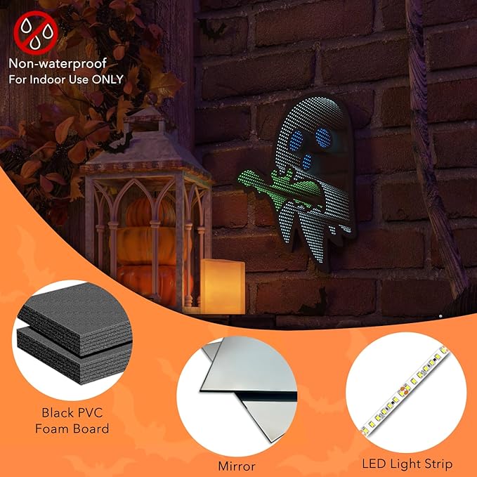 Halloween Ghost Night Lights, 3D Infinite Mirror Ghost Light with Bat, 12.2" x 16.54" LED Lighted Halloween Indoor Decoration for Kids Party Windows Doors Walls, Battery/USB & Plug-in Lights Sign
