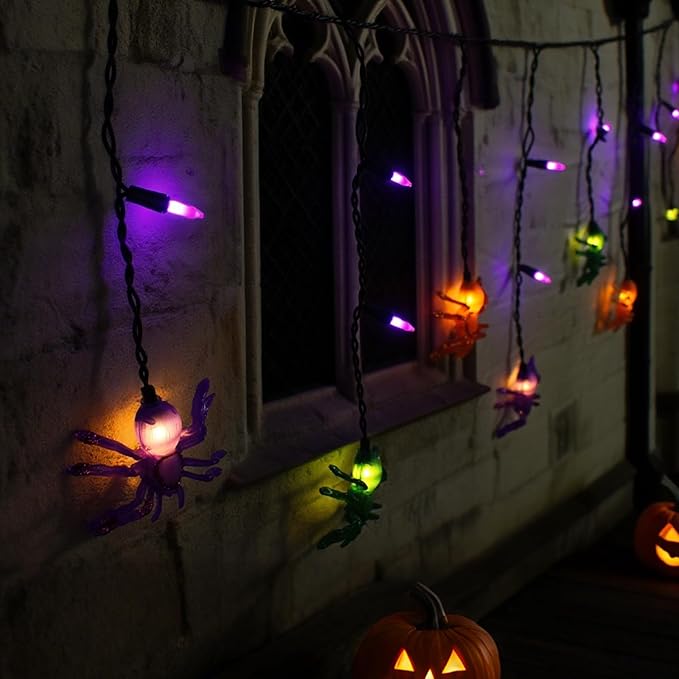 7Ft Halloween Spider String Lights, Halloween Decorations Lights with 10 LED Colorful Spider Lights 15 Mini Purple Bulbs, Hanging Fairy Lights for Outdoor Curtain Garden Porch Bar Party Bedroom Decor