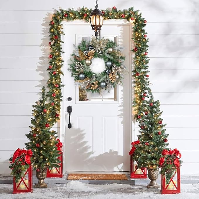 24 inch Christmas Door Wreath, Norfolk Pine Wreaths for Front Door with Silver Ball Glittered Leaf Spray Stems Pinecones Berries for Fireplace Xmas Decorations, Wall Window Indoor Outdoor Decor