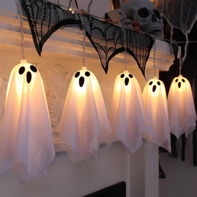 Halloween Decoration String Lights, Light up Ghost Garland, 7.5ft Battery Operated Ghost Lights with 10 LED for Mantle, Fireplace, Window, Porch, Party Indoor Outdoor Decor
