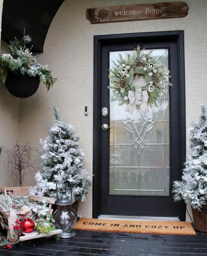 24 inch White Christmas Wreath,Winter Norfolk Pine Wreaths Bows for Front Door with Silver Colored Ball Pinecones Berries for Fireplace Xmas Decorations, Wall Window Indoor Outdoor Decor