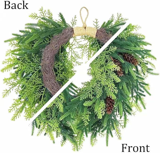 20 inch Christmas Wreath for Front Door- Indoor and Outdoor, Artificial Christmas Wreath Decorated with Pine Cones and Cypress Trees, Rural Farmhouse Holiday Wreath Decoration