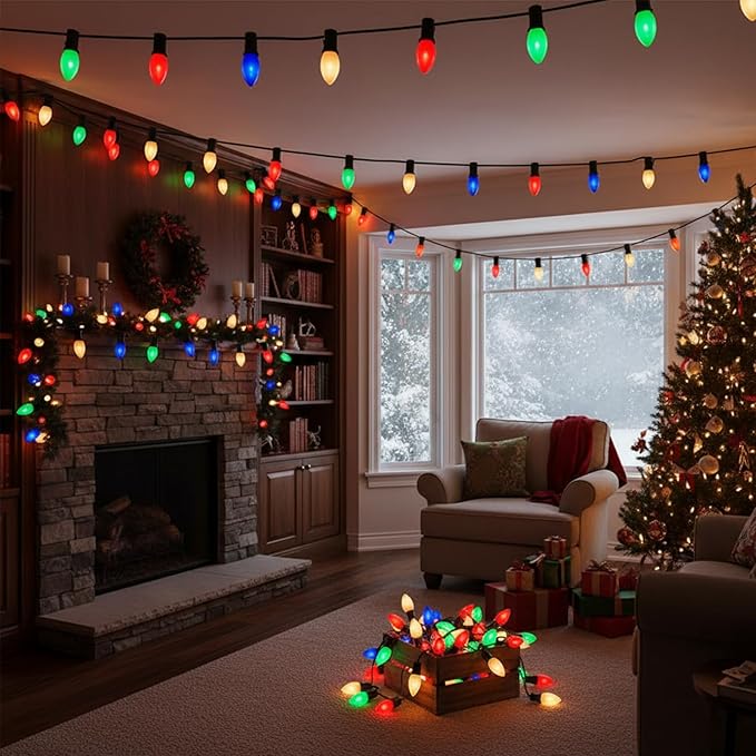25FT C9 Christmas Lights Outdoor,Vintage Christmas Lights with 26 C9 Multicolor Shatterproof Plastic Bulbs,Connectable Multicolor LED String Light for Xmas Tree Roofline Indoor Outdoor Decor