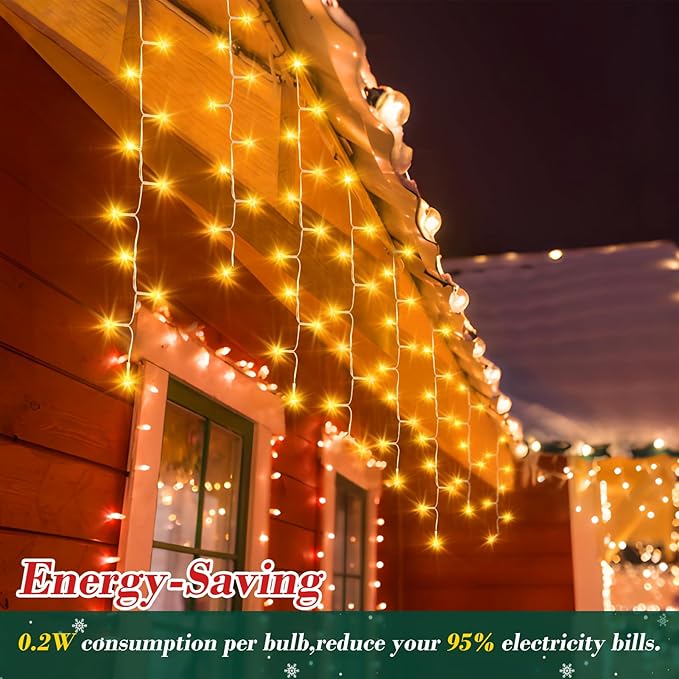 XURISEN 66ft Christmas Lights Decorations Outdoor, 640 LED 8 Modes Curtain Fairy Lights with 120 Drops,Plug in Waterproof Timer Memory Function for Christmas Holiday Wedding Party Decor(Warm White)
