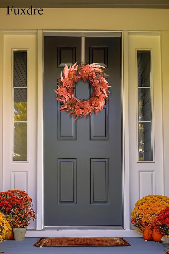 Fall Wreath for Front Door-20 Autumn Front Door Wreath-Fall Decorations with Berry Maple Leaves for Porch Window Farmhouse Halloween Thanksgiving Harvest Festival Home Decor