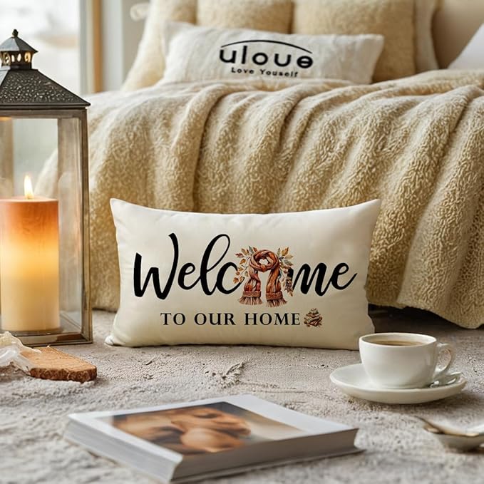 Fall Welcome Throw Pillow Covers 12 x 20 Inch Farmhouse Autumn Seasonal Holiday Decorative Lumbar Pillowcases Scarf Maple Leaves Cushion Covers for Front Porch Decor Housewarming Gifts (Brown)