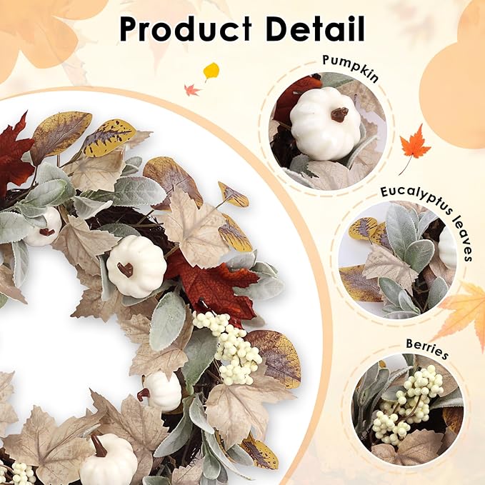 Fall Wreaths for Front Door Outside Decor, 20" Eucalyptus Maple Leaves Pumpkins Autumn Wreath Decorations with Bow and Hanging Sign for Thanksgiving Home Outdoor Indoor Porch Harvest