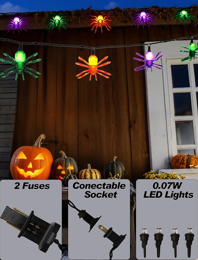 Halloween Spider Lights, 12ft 20 LED Plug in Glitter Spider String Lights, UL Certified, for Indoor Outdoor Halloween Decorations, Party, Porch, Yard
