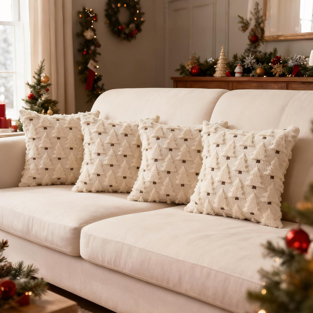 HDVUHKI Christmas Throw Pillow Covers 18x18 inch Set of 4, Beige Xmas Tree Holiday Winter Living Room Soft Fluffy Plush Faux Fur Wool Decorations for Sofa Couch Bed