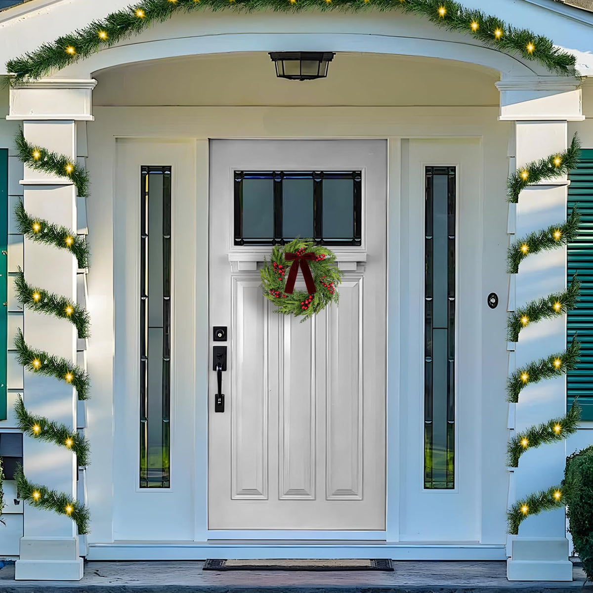 50cm Realistic Norfolk Pine Wreath with Velvet Bow Christmas Faux Cedar Wreaths with Red Berries for Front Door Mantel Window Wall Holiday Winter Indoor Outdoor Home Decoration (Red Berry)