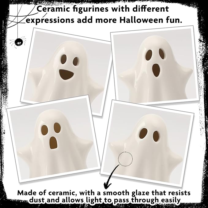 4PCS Ceramic Ghost Light Up Decor, Cute Ghost Halloween Decor, Small White Ghost Figurine Timer Led Ghost Figurines for Desk Tabletop Centerpieces，Halloween Decoration Indoor