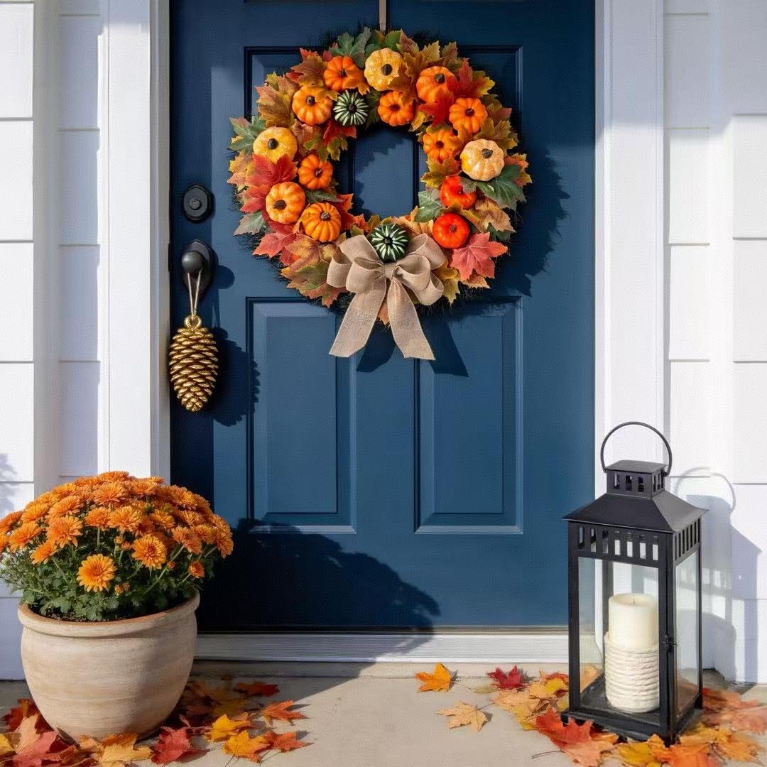 HipTree 20 Inch Fall Wreath for Front Door, Rustic Farmhouse Artificial Wreath with Plastic Pumpkins Maple Leaves Burlap Bow, Halloween Thanksgiving Harvest Decor for Porch Wall Indoor Outdoor