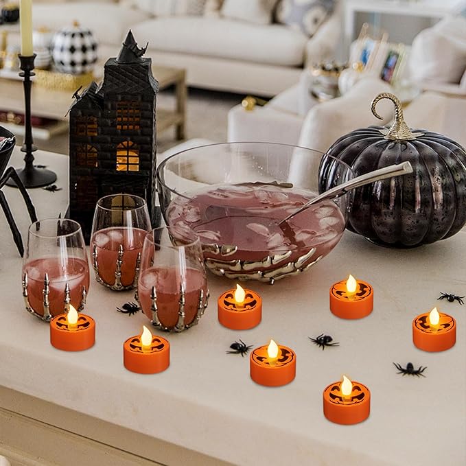 Halloween Tea Lights Candles with 6H Timer, Pumpkin Flameless Candles with Ghost Face Flickering, LED Candles Battery Operated 12 Pack Φ 1.5" H 1.4" for Fall Halloween Decorations