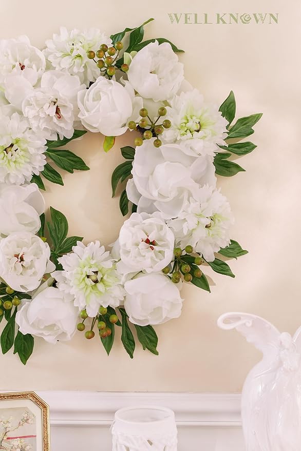 WELL KNOWN Fall & Winter White Wreaths for Front Door, Silk Aritificial Peony Wreath for Front Door Porch, Indoor Wall Window Home Decor, Farmhouse Thanks Giving Christmas Party Wediing Decor & Gift