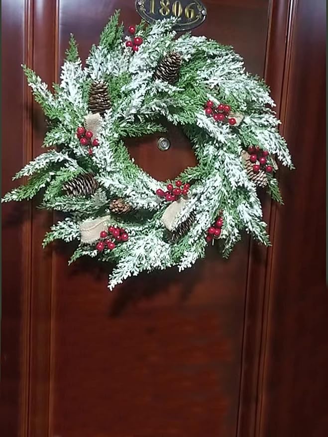 Artificial Christmas Wreath with Hanger for Front Door with Pine Cone, Red Berries, Burlap Ribbon & Snowflake, Indoor Outdoor Holiday Wall Windows Wreath Flocked with Mixed Decorations 23inch