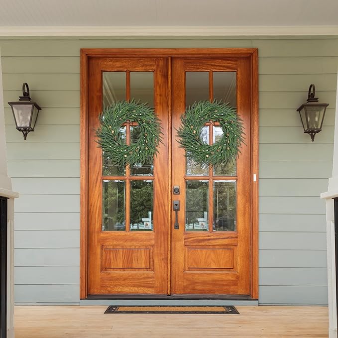 24 Inch Pine Wreath Christmas Wreaths for Front Door, Real Touch Pine Wreath with White Berries Artificial Green Wreaths for Walls Windows Porches Farmhouse Indoor Outdoor Home Decor