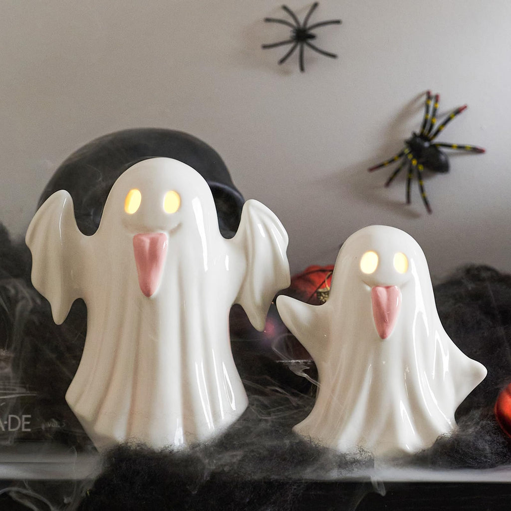 WDS WONDROUS Light Up Halloween Ghost Decorations Set of 2, Cute Ghost Figurines with Witch Hat Halloween Decor, Ceramic Ghosts Light for Indoor Fall Table Decor, Home Tiered Tray Fireplace
