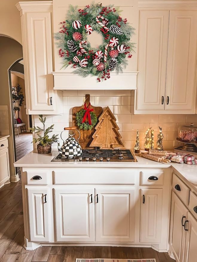 24 inch Christmas Door Wreath, Norfolk Pine Wreaths for Front Door with Candy Cane Red and White Ball Pinecones Berries for Fireplace Xmas Decorations, Wall Window Indoor Outdoor Decor