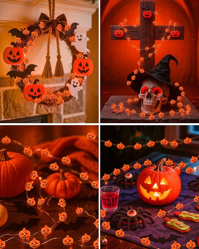 btfarm Halloween Pumpkin String Lights Decorations, 16.4 FT 50 LED Orange Fairy Lights Battery Operated with Remote Timer Waterproof for Indoor Outdoor Home Halloween Party Decorations