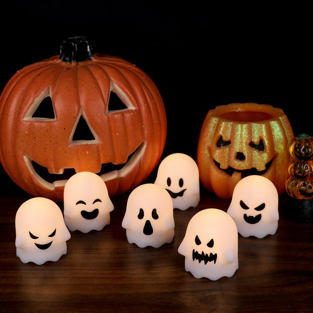 DRomance Halloween Ghost Lights Flameless Candles Battery Operated with Remote and Timer 6 Pack Spooky White LED Votive Candles Dimmable Light Halloween Indoor Decoration(2 x 2.4 Inches)
