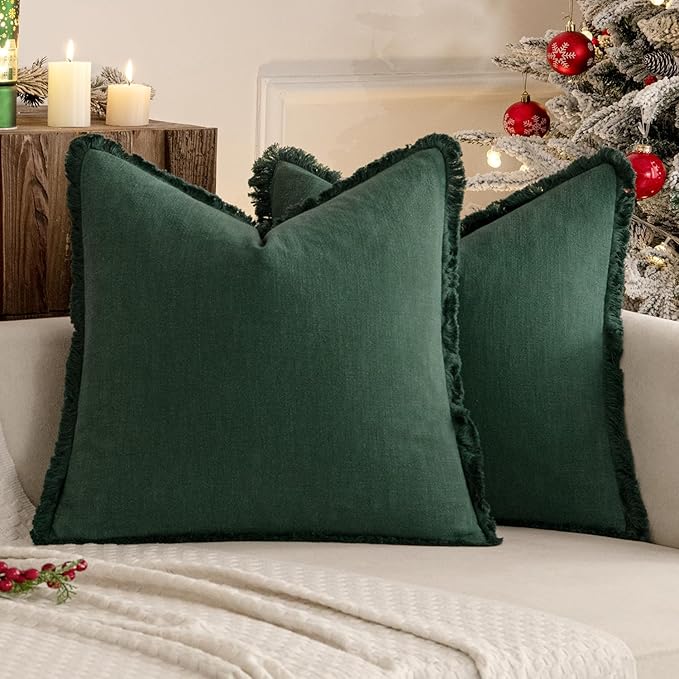 MIULEE Christmas Decorative Throw Pillow Covers Neutral Linen Fringe Throw Pillows Euro Shams Set of 2 Army Green Boho Farmhouse Cushion Covers for Couch Sofa Bed Living Room Home Decor 22x22 Inch