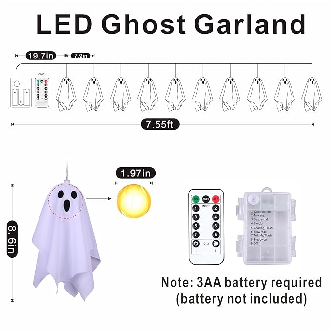 Halloween Decoration String Lights, Light up Ghost Garland, 7.5ft Battery Operated Ghost Lights with 10 LED for Mantle, Fireplace, Window, Porch, Party Indoor Outdoor Decor