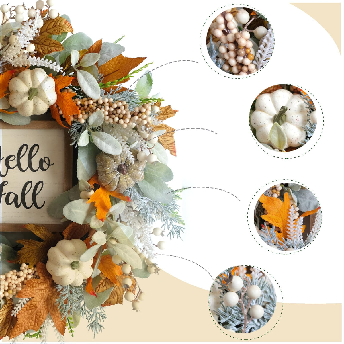 CIR OASES 20inch Thanksgiving Fall Wreath, Eucalyptus Berries Pumpkins Lamb Ears Leaves Autumn Wreaths for Front Door, Fall Decor, Porch Wall, Home Outdoor Holiday Decorations Wreath for Autumn
