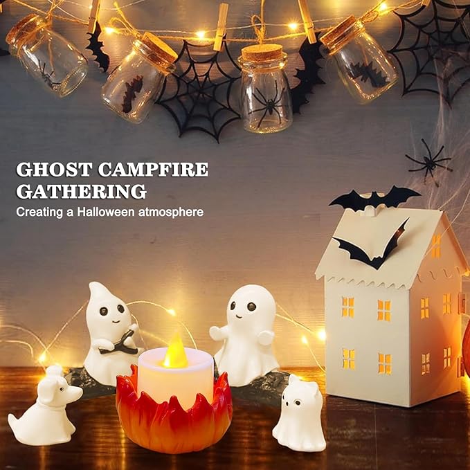 SOMITO 2025 Ghost Campfire Nightlight, Spooky Ghost Halloween Decorations Indoor, Cute Halloween Ghost Figurine, Funny Halloween Decor for Home Mantel Tabletop Party (with Cat and Dog)